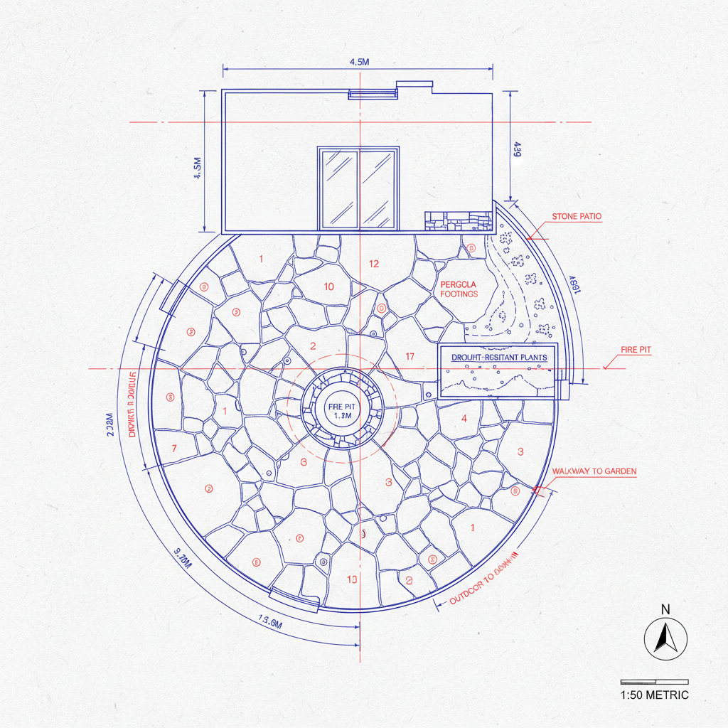 Dimensioned plan drawing of backyard patio layout showing stone placement and measurements
