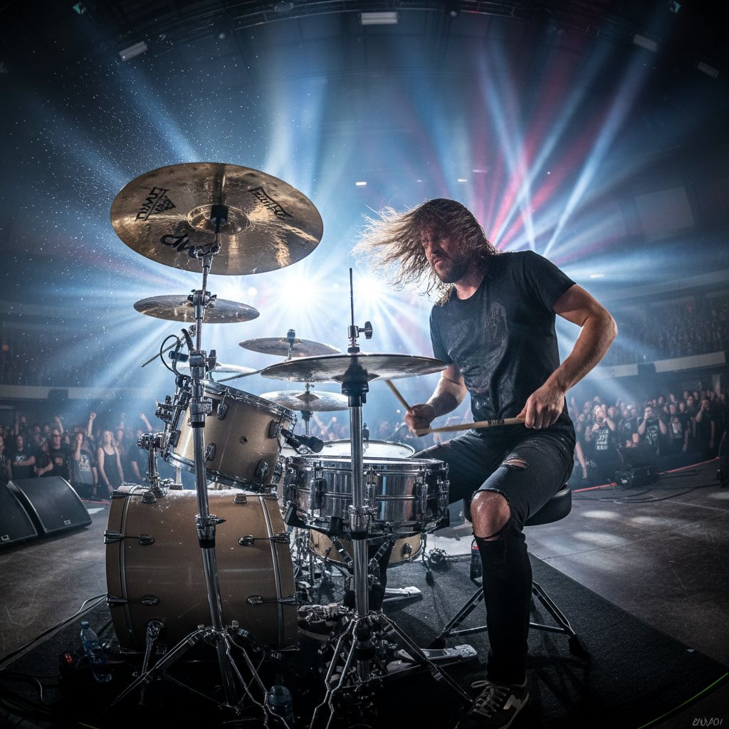 Drum kit being played in energetic session at Hi-Hats Rajanukunte
