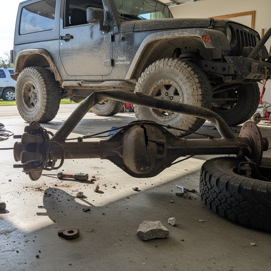 Damaged Dana 35 axle with bent housing removed from a TJ Wrangler after trail damage