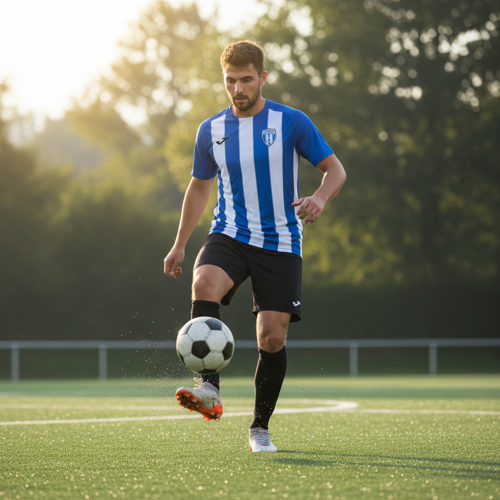 Soccer player executing a precise first touch on the ball during morning training session