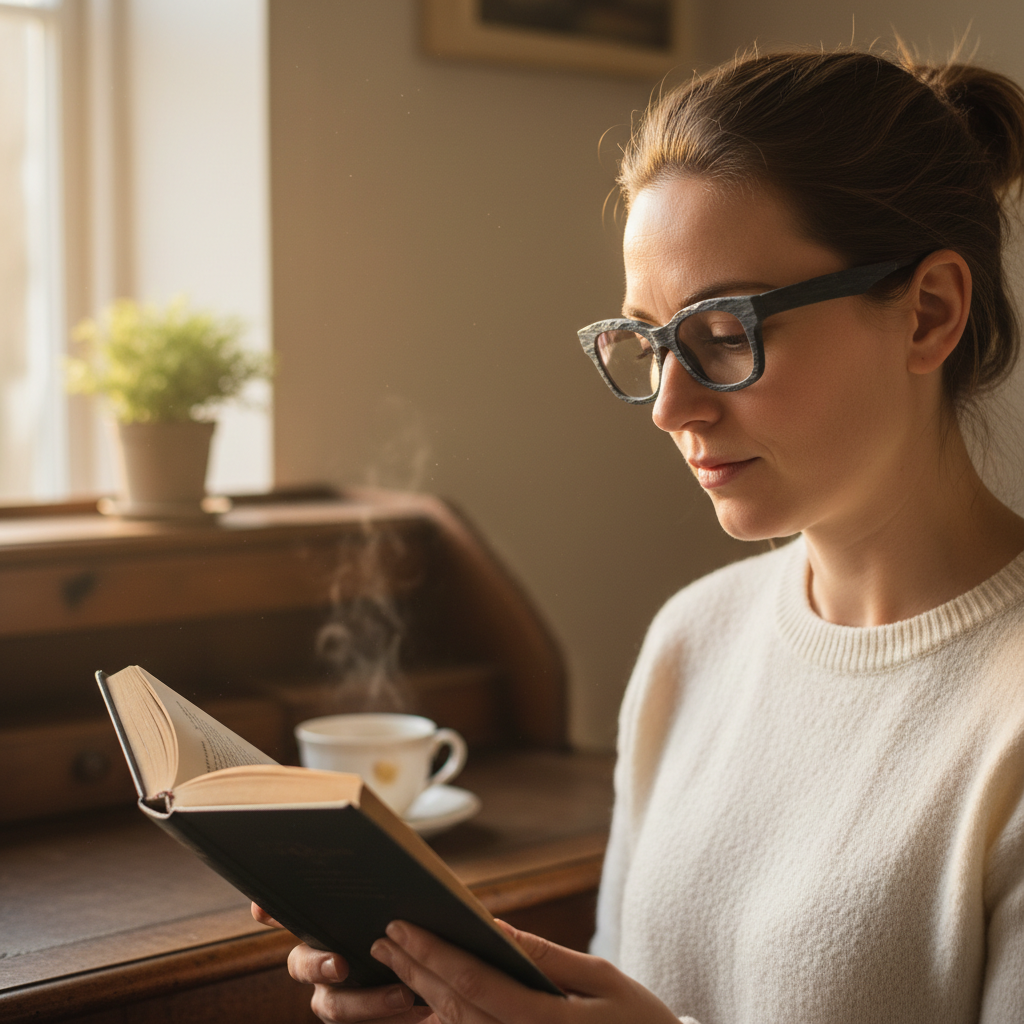 Woman wearing Howth slate frames, morning light, reading