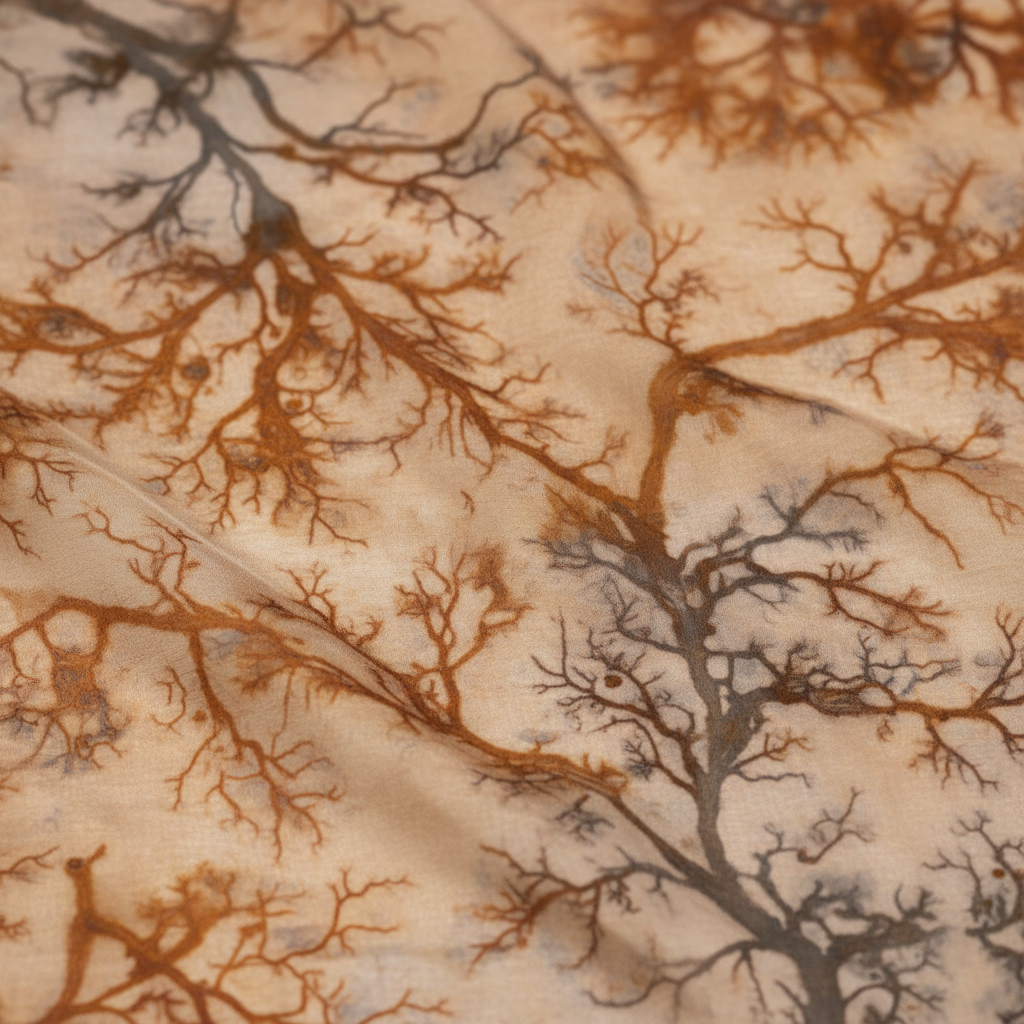 Close-up of silk habotai textile showing iron-gall dye oxidation patterns creating organic branching forms in sepia tones
