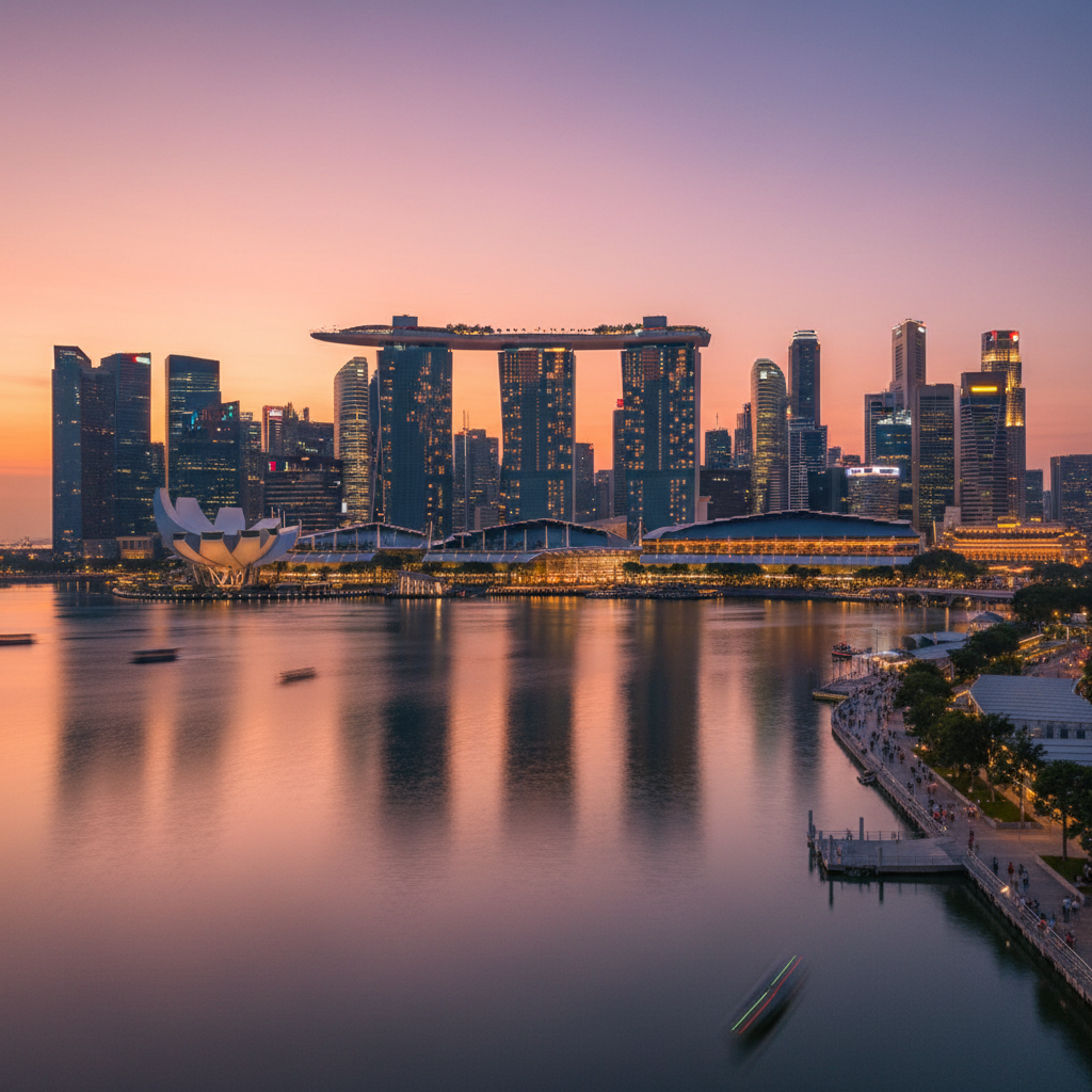 Singapore Marina Bay Sands at night with light reflections on water, futuristic skyline, vibrant city lights