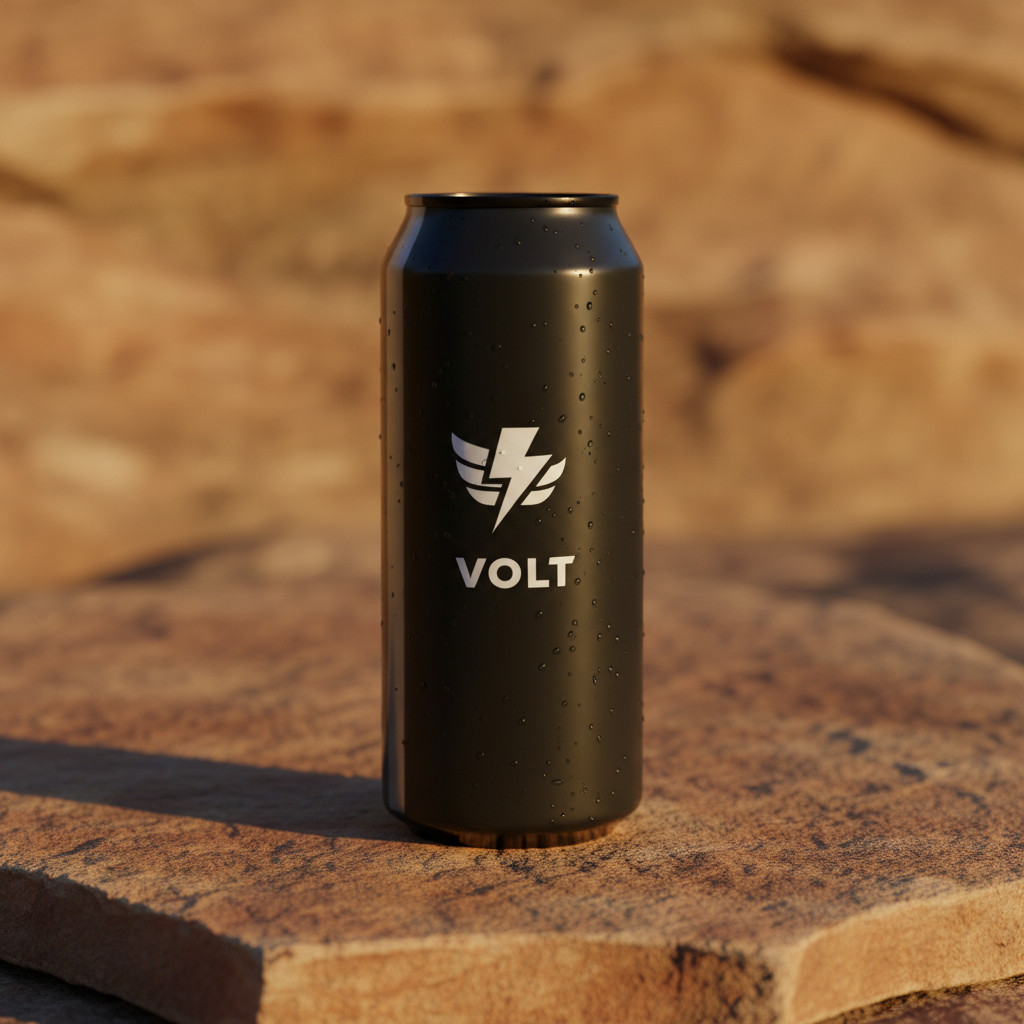 Close-up of a sleek matte black energy drink can against a warm stone surface, studio lighting