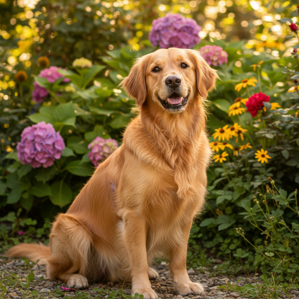 Golden retriever dog looking happy and healthy after professional care