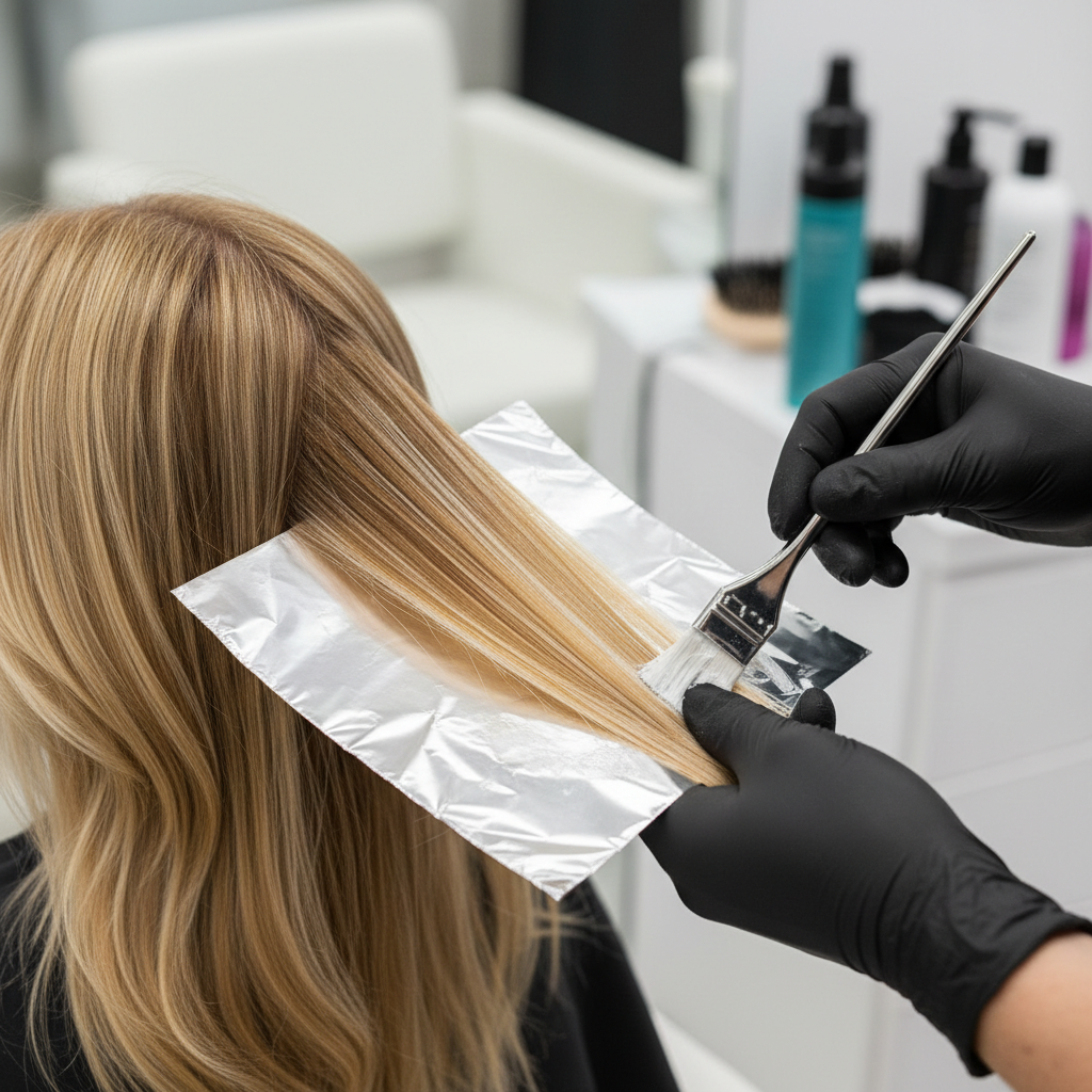Foil placement technique showing precise sectioning for balayage highlights