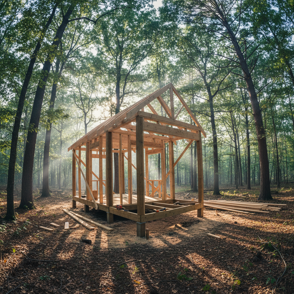 Wooden frame of a tiny house under construction in a forest clearing, sawdust on the ground