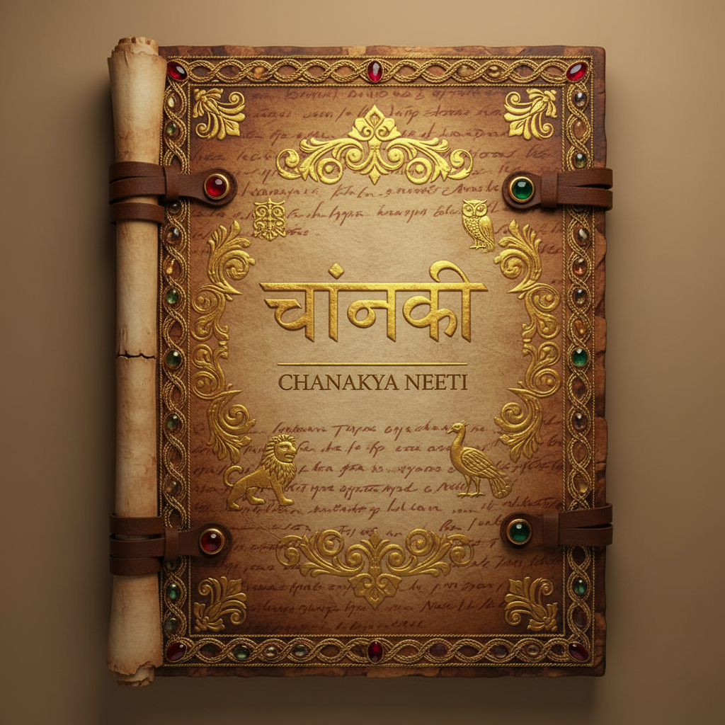 Chanakya Neeti cover with ancient Indian manuscript and gold lettering