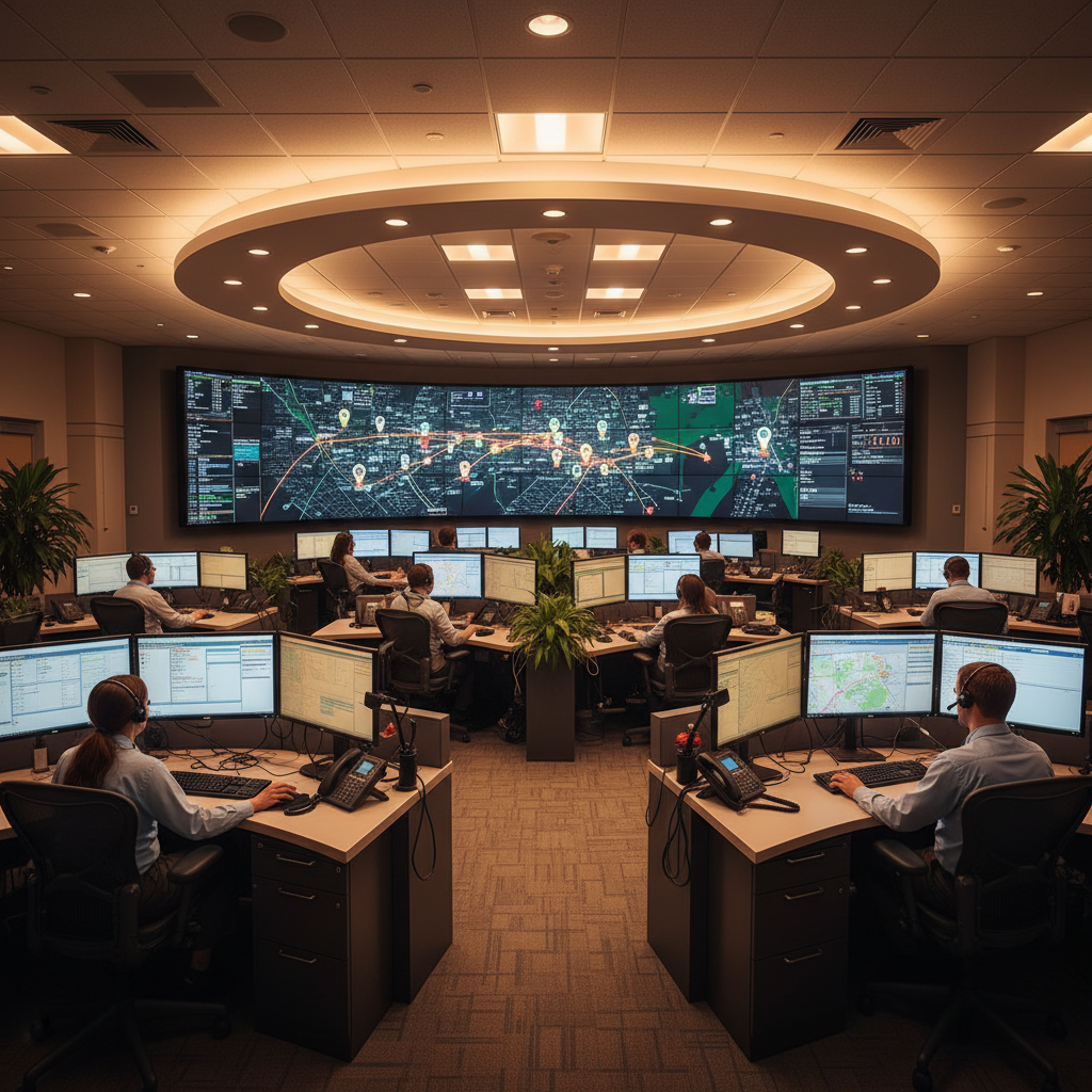 Emergency dispatch center with operators at workstations, warm lighting, focused but calm atmosphere