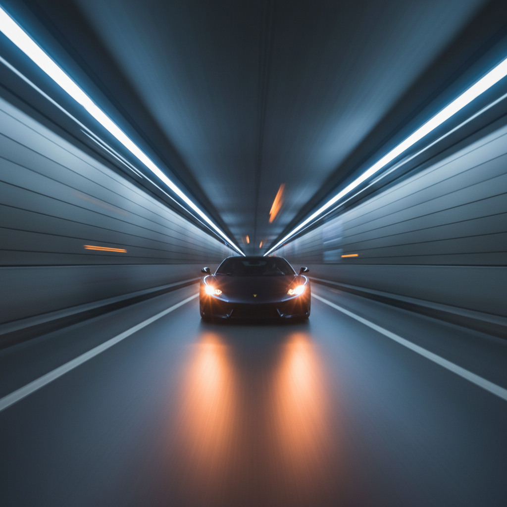 Sports car speeding through dark tunnel, motion blur, dramatic low-key lighting, black environment