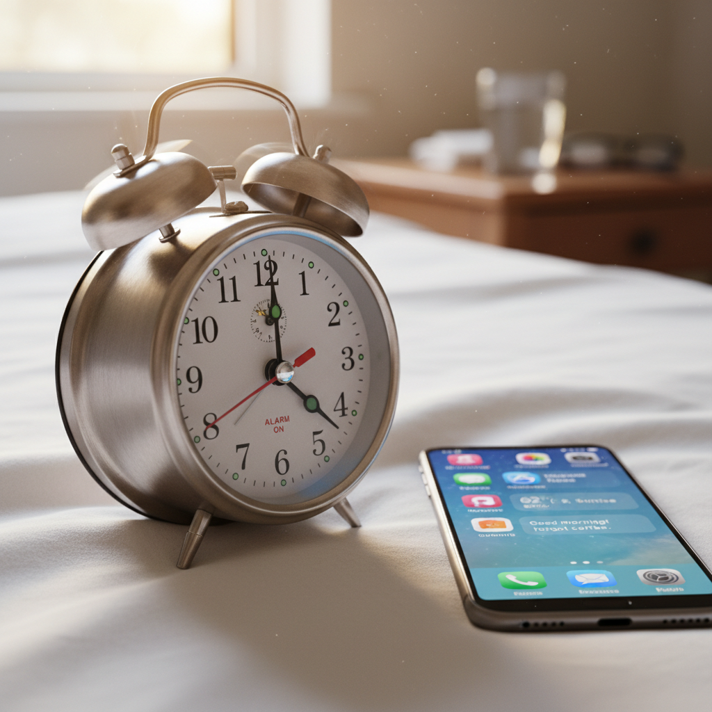 Morning alarm going off next to a phone with notifications on a plain nightstand