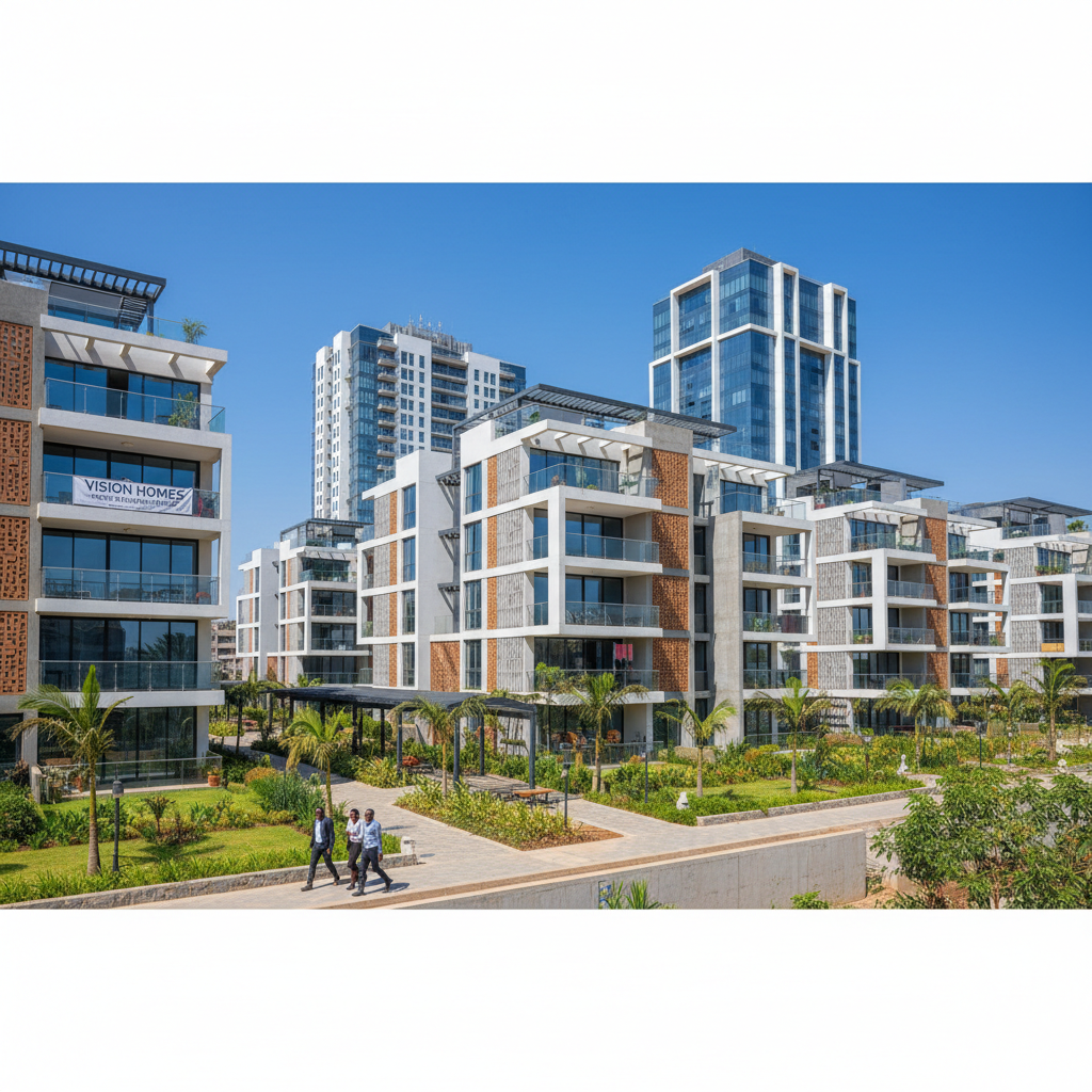 Tall modern residential towers with glass balconies, bright blue sky, green landscaping at base
