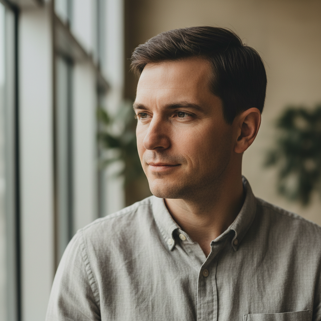 James Okafor, architect with close-cropped hair wearing a neutral linen shirt in a light-filled space