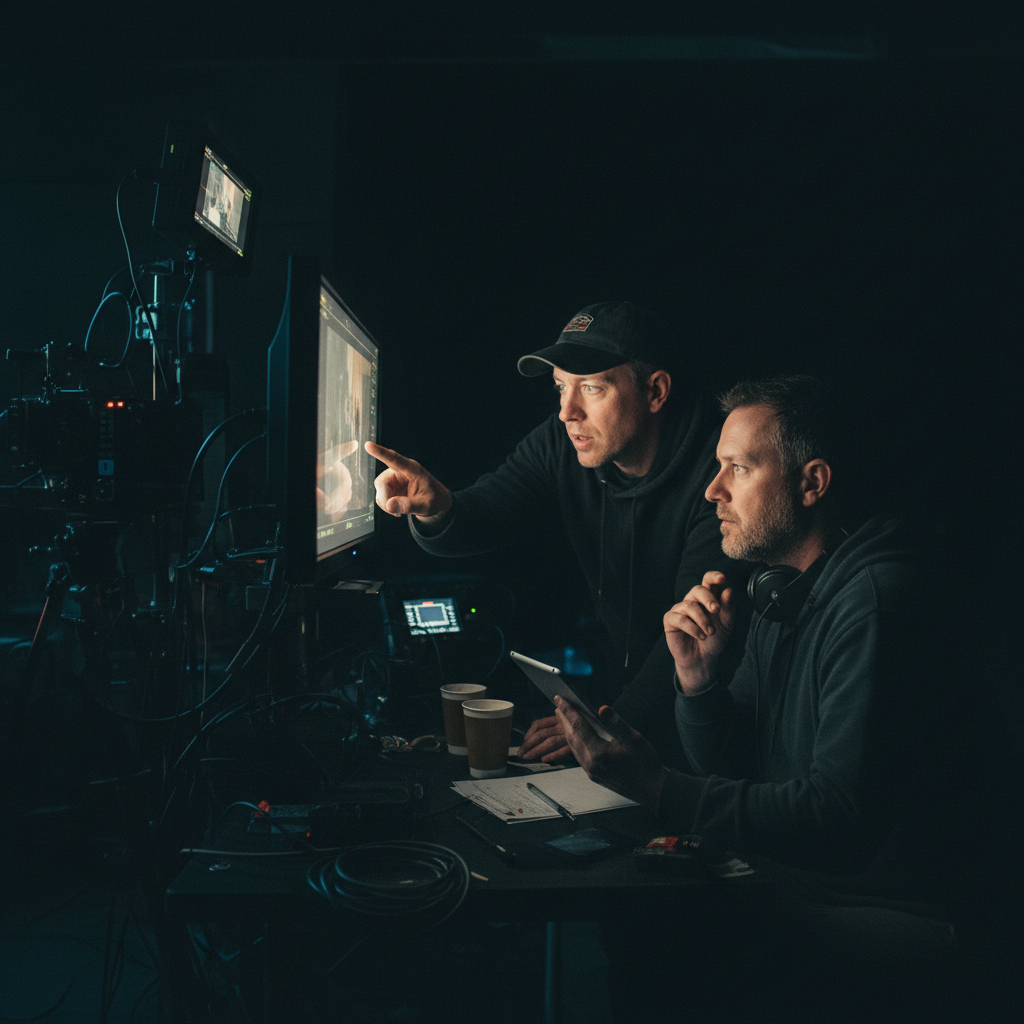 Film director and cinematographer reviewing a shot on a cinema monitor on a dark atmospheric production set
