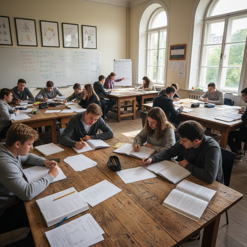 Students working on math tutoring session at wooden desks