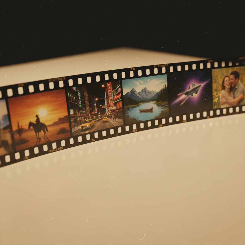 Close-up of film strip with frames showing different scenes