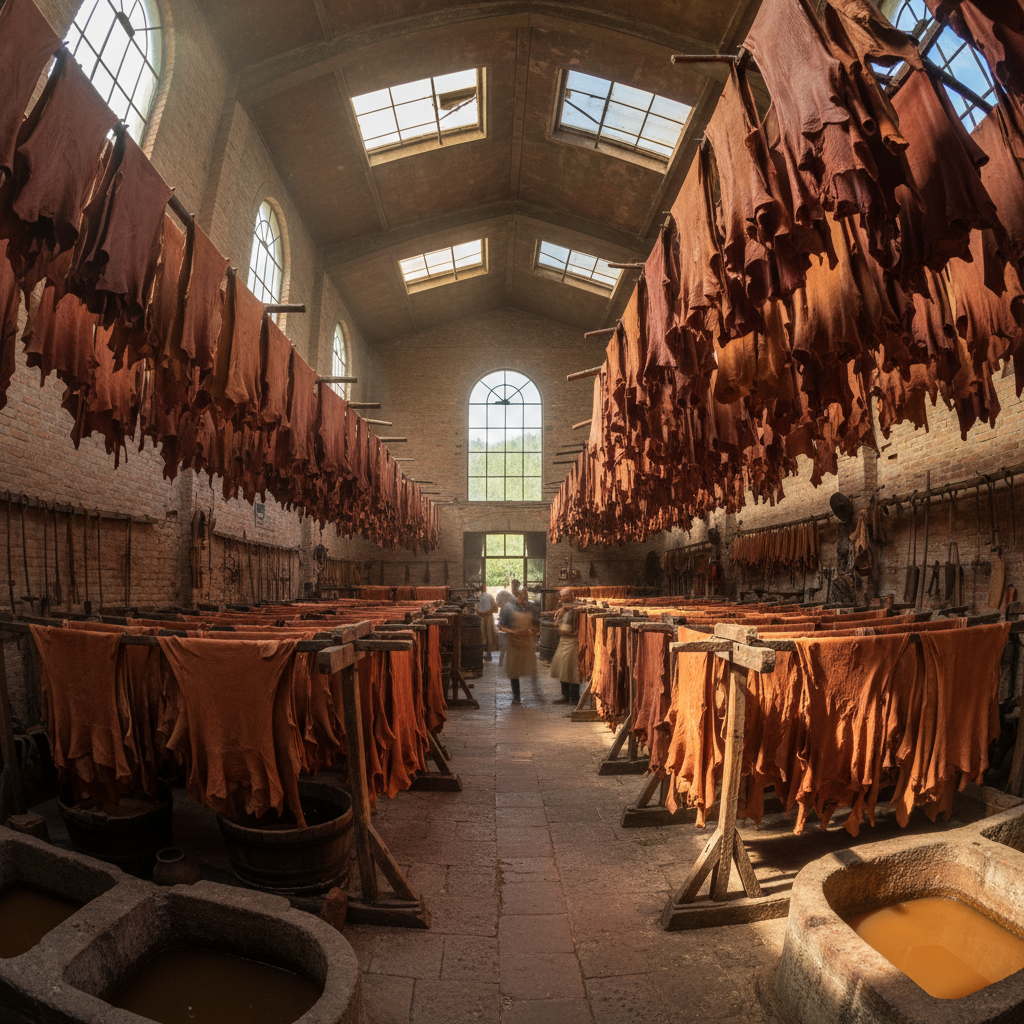 Tuscan leather tannery with hides drying in natural light