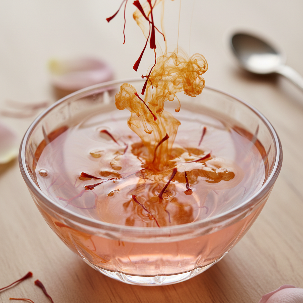 Macro photograph of vibrant saffron threads dissolving in rosewater creating golden swirls