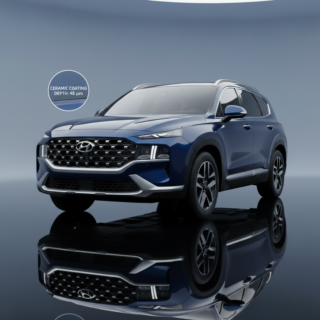Hyundai Santa Fe after refresh package ceramic coating applied, paint depth verified at 48 microns