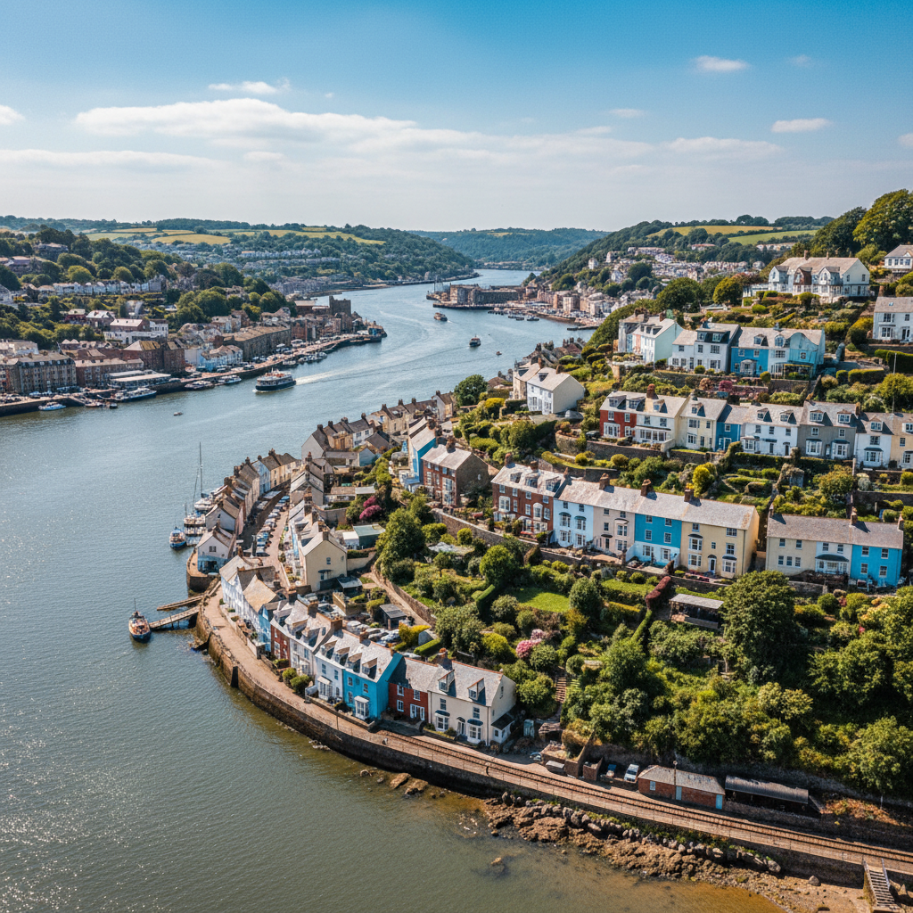 Kingswear village on the eastern bank of the River Dart, with colourful hillside houses and views across to Dartmouth