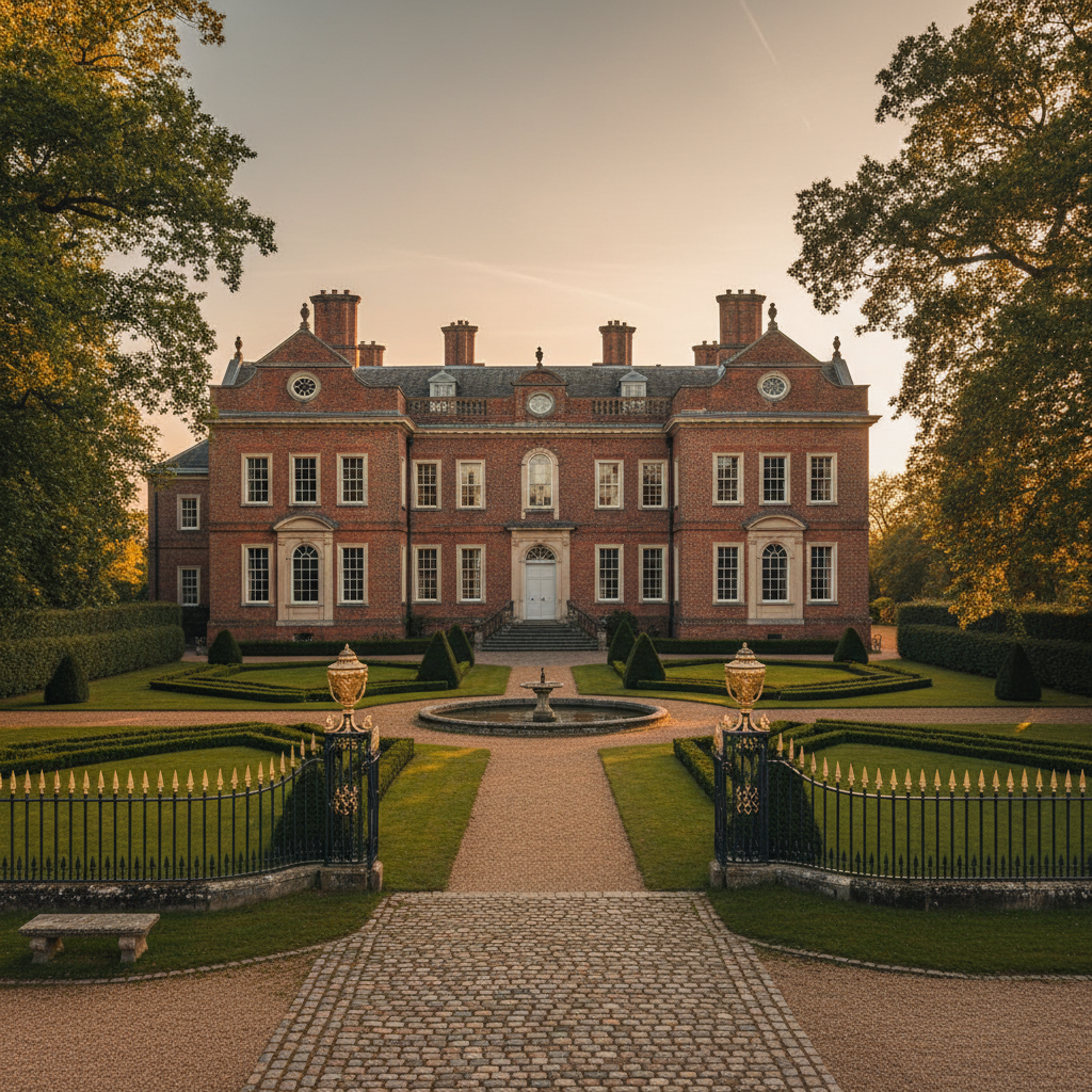 Stately historic brick estate exterior with formal gardens, iron fence, and mature trees framing the facade in late afternoon light