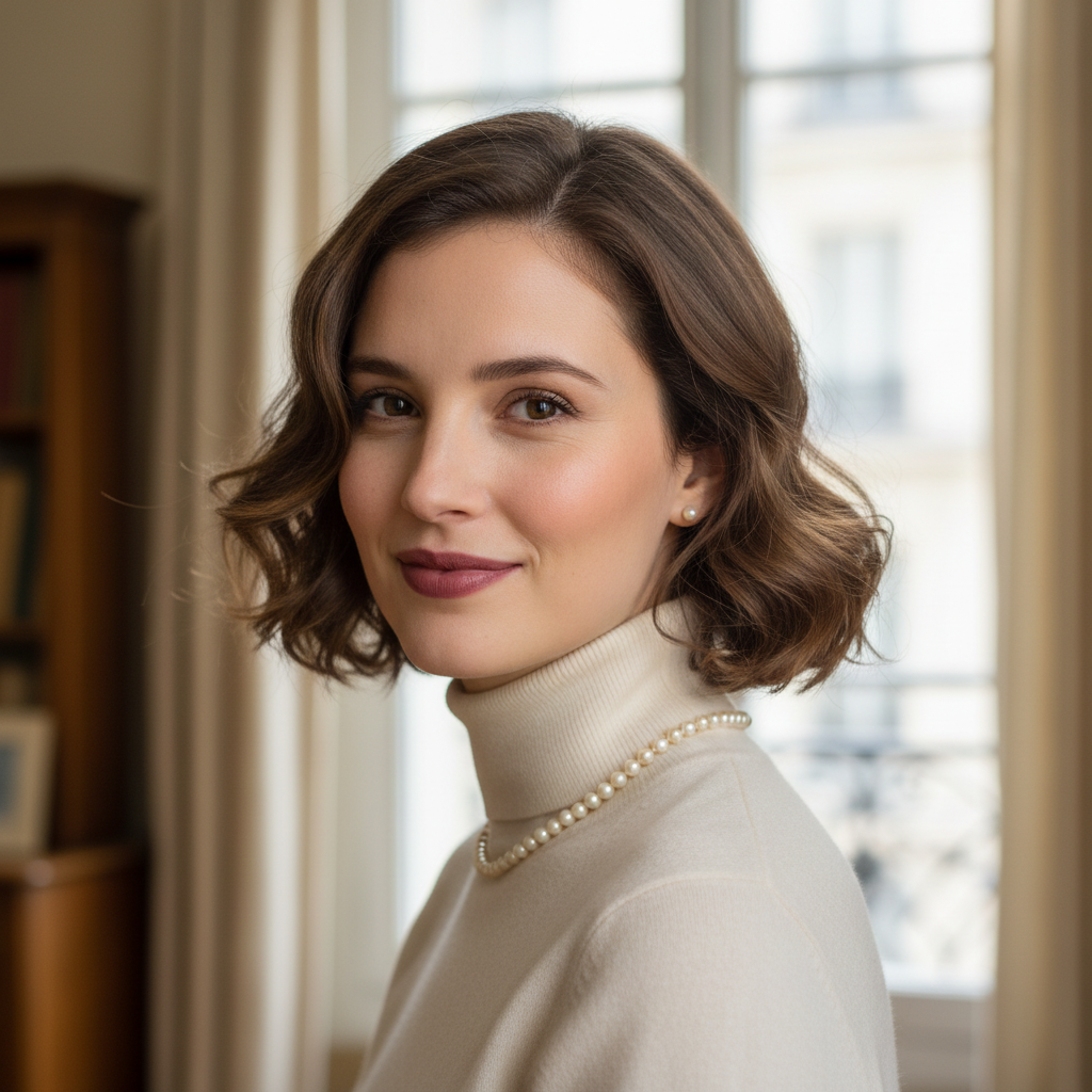 Elegant French woman with poised demeanor and warm expression, editorial portrait