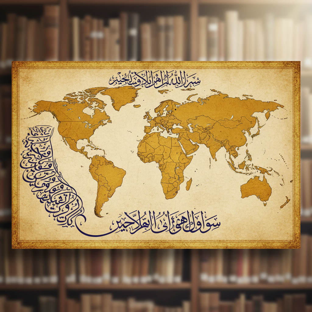 Arabic script calligraphy alongside a world map highlighting Arabic-speaking countries across the Middle East and North Africa