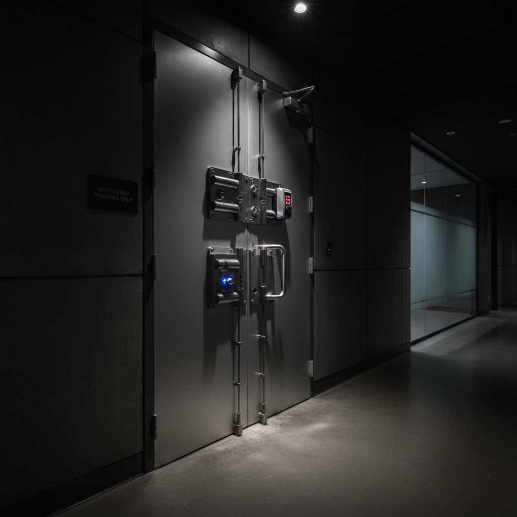Dark bank interior with dim lighting, secure vault aesthetic, institutional financial environment