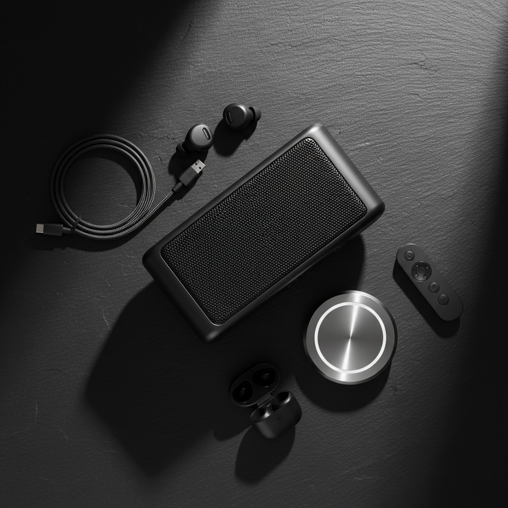 Commercial product flat lay with dramatic studio lighting on dark surface