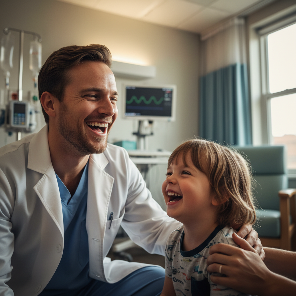 Doctor crouched at eye level with a young child, both laughing, parent's hand on child's shoulder, warm clinical setting