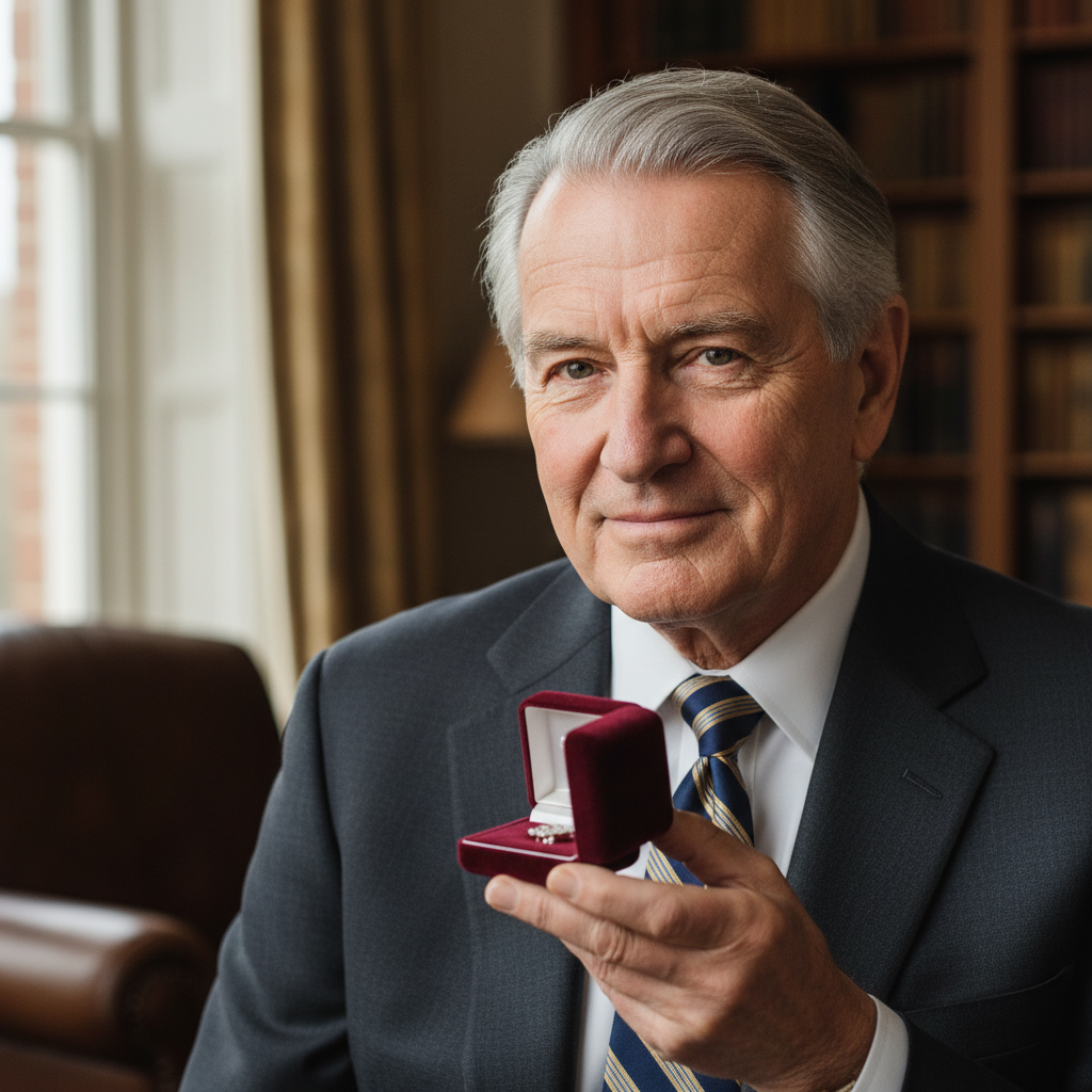 Distinguished older man in a dark suit, silver-haired, holding a small velvet box