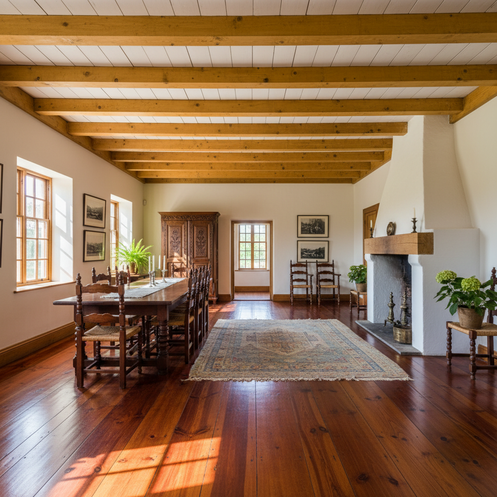 Beautiful Cape Dutch heritage home interior showing original Oregon pine wooden floors and yellowwood ceiling beams