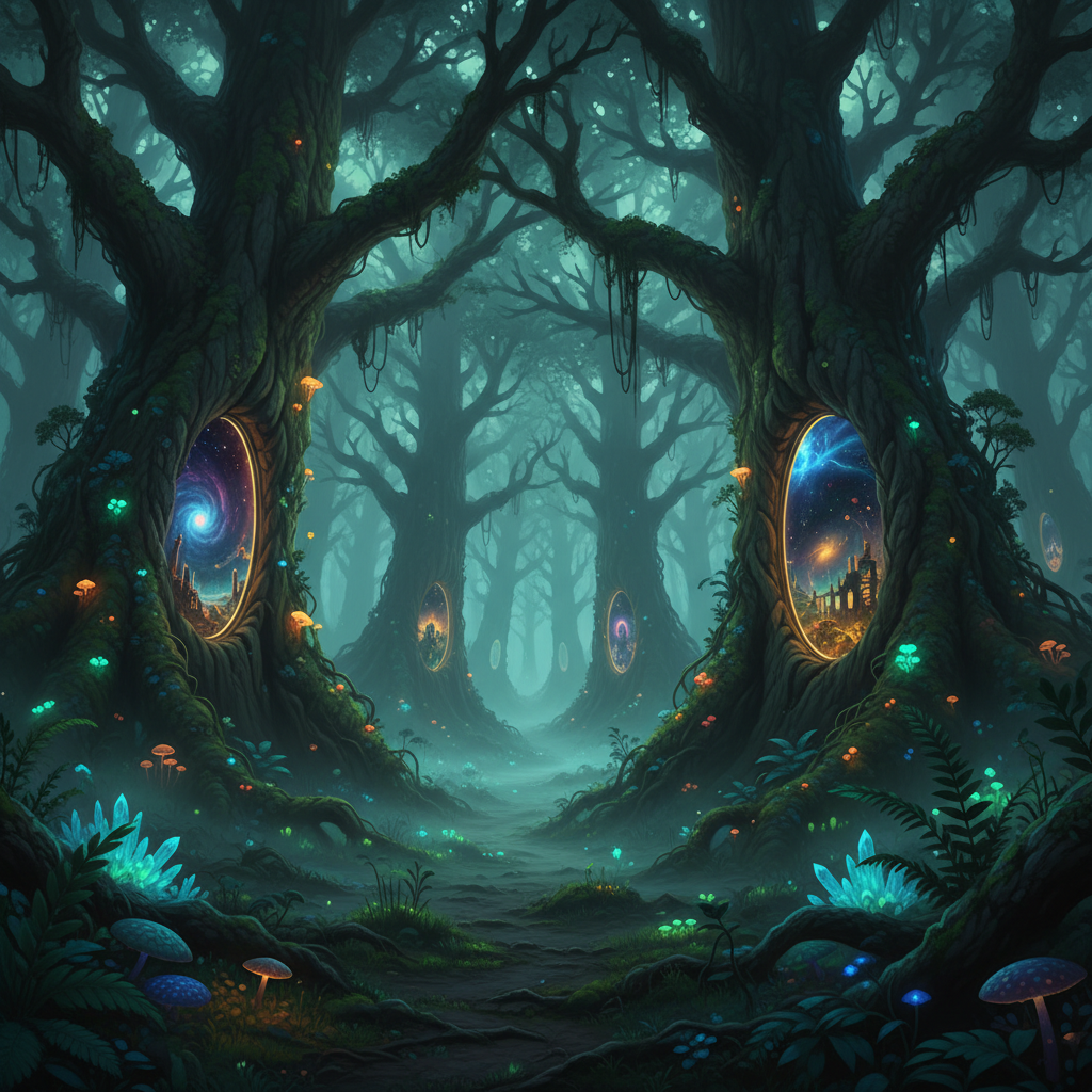 Glowing ancient forest with bioluminescent plants and mystical spirit creature among giant trees