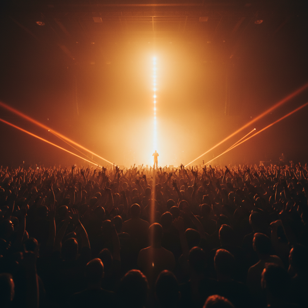 Concert performer on stage with dramatic amber lighting, dark atmospheric venue, crowd silhouettes