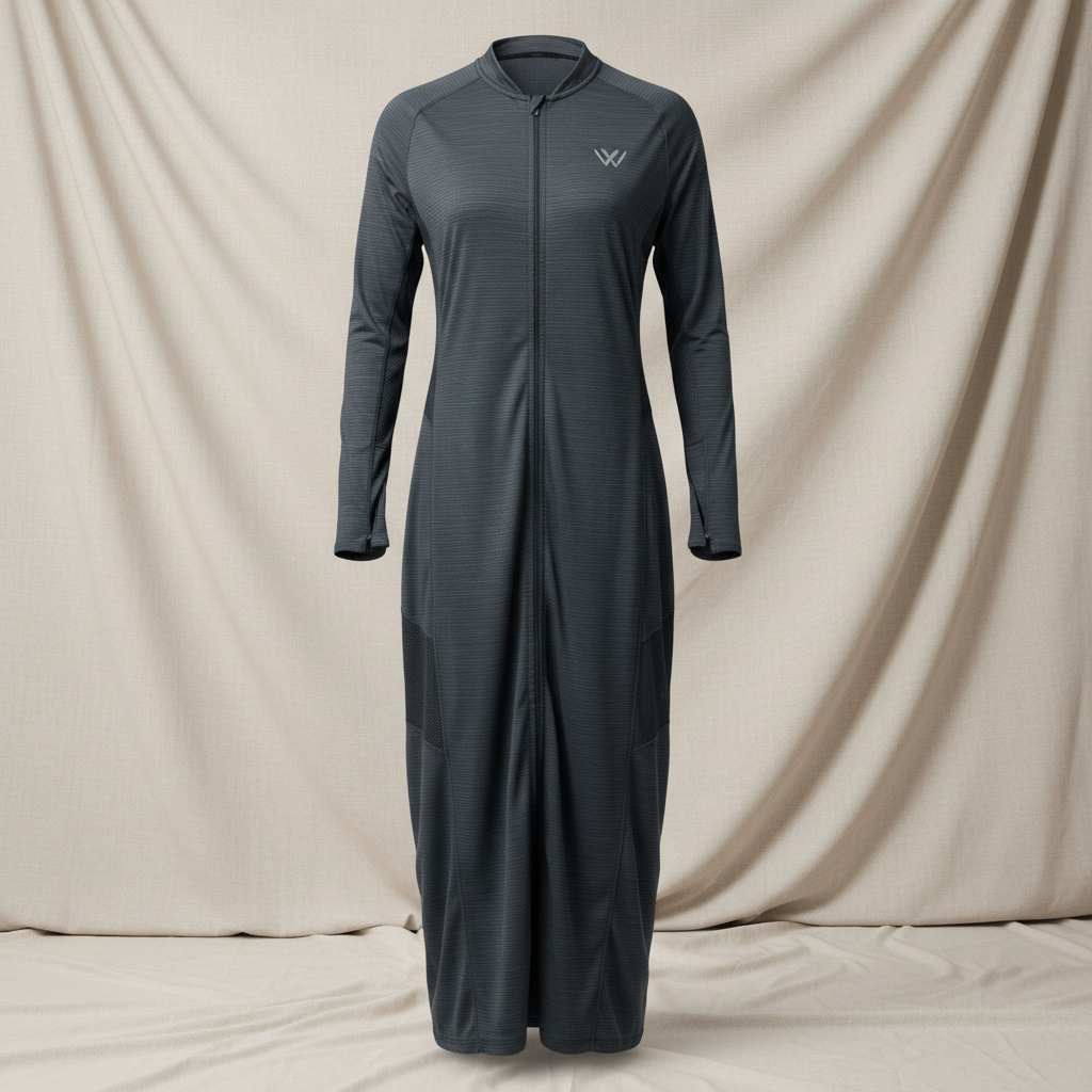 Modern sport abaya, comfortable fabric, contemporary Arabic fashion on dark background