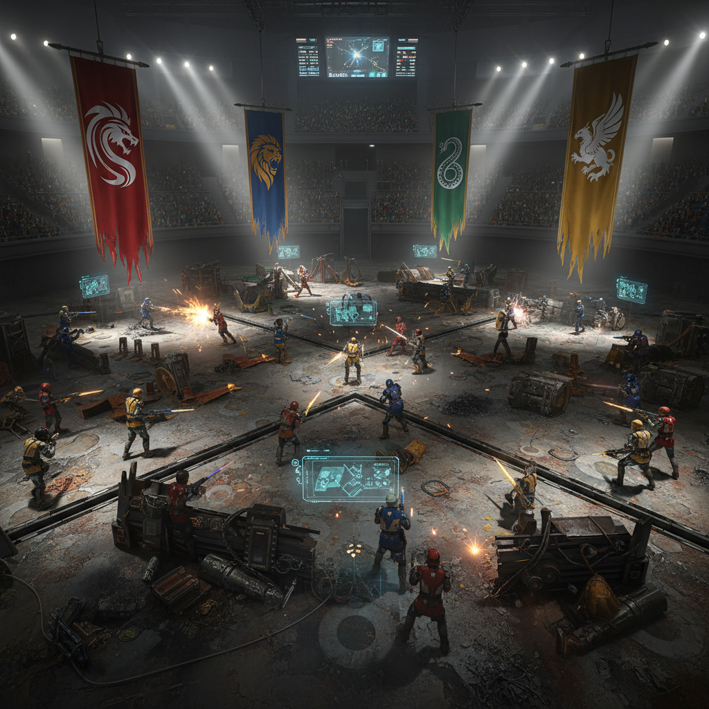 Colorful digital battle arena in dim atmospheric lighting with deep shadows and moody low-key environment