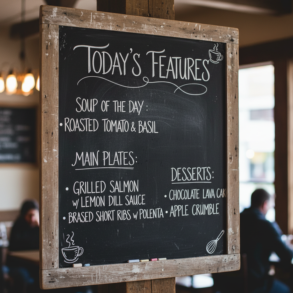 Chalkboard menu with hand-lettered dish names in chalk
