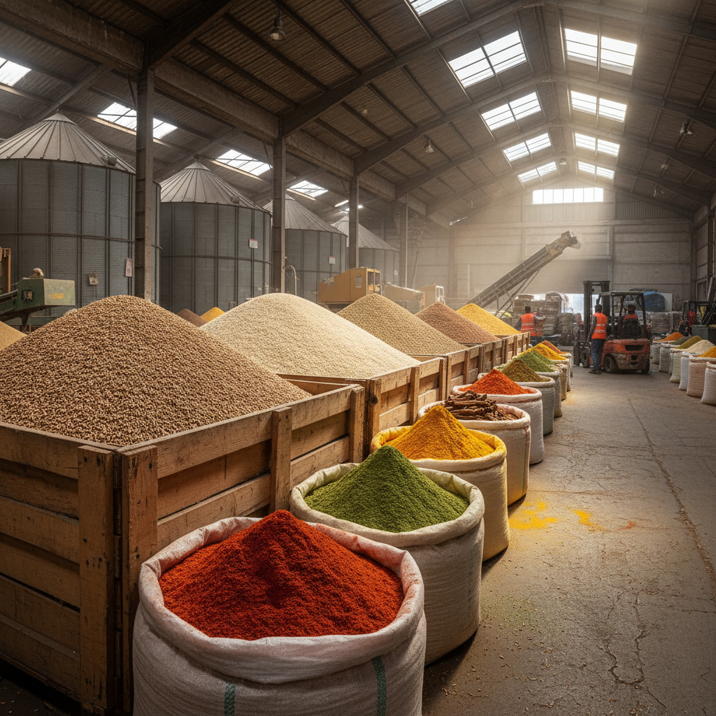 Various agricultural grains and spices in bulk display