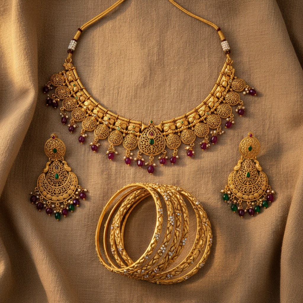 Complete bridal jewellery set with necklace bangles and earrings in gold