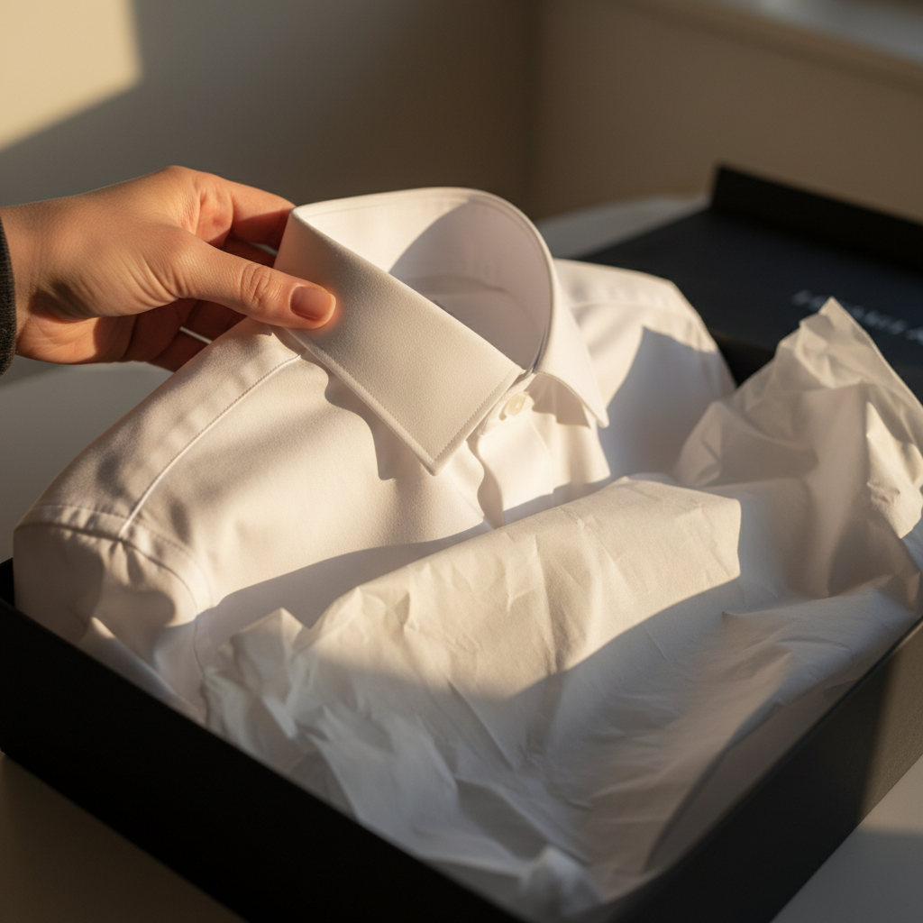 Woman's hand lifting a crisp white dress shirt from a matte-black garment box, tissue paper folding open, golden afternoon light raking across the collar