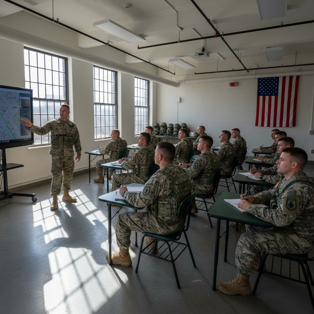 Military training session with instructor and trainees in a structured classroom environment, focused expressions