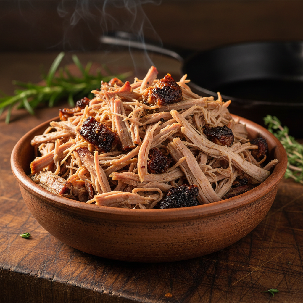 Pulled pork shoulder with visible smoke ring, tender fibers, and caramelized bark