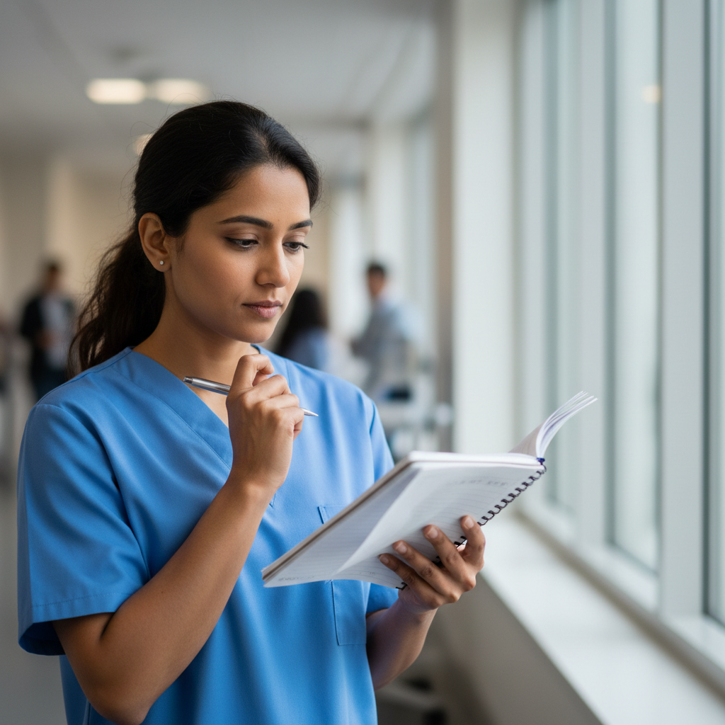 Professional photo of Priya, a South Asian woman in scrubs, looking thoughtful with a notebook