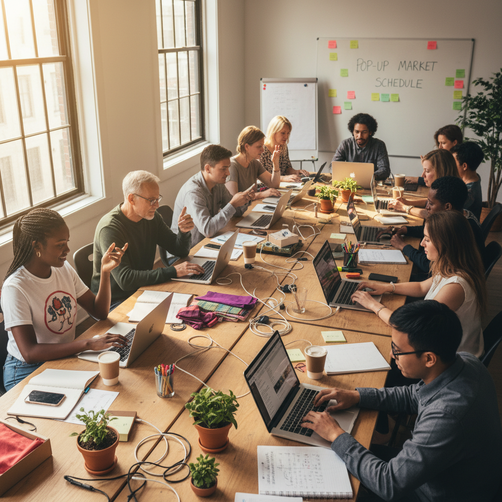 Diverse group of people leaning over a laptop at a communal table, faces lit by a Shopify dashboard on screen