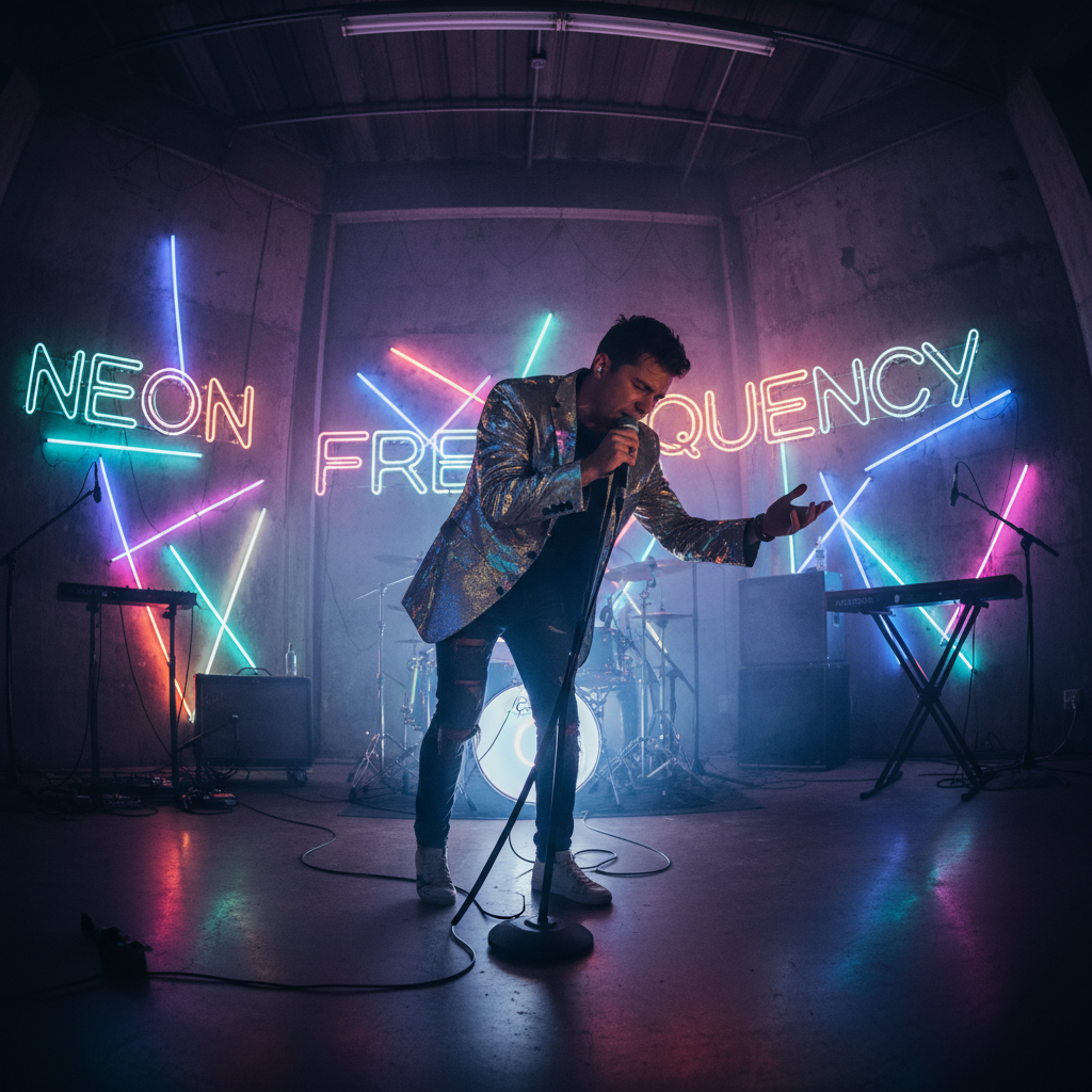 Music recording studio with dramatic neon lighting, dark atmospheric environment, deep shadows
