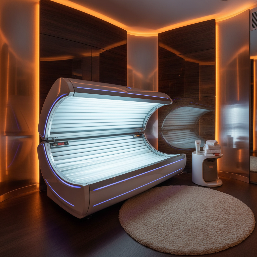 Modern UV tanning bed in a clean private room, warm amber lighting, professional salon setting