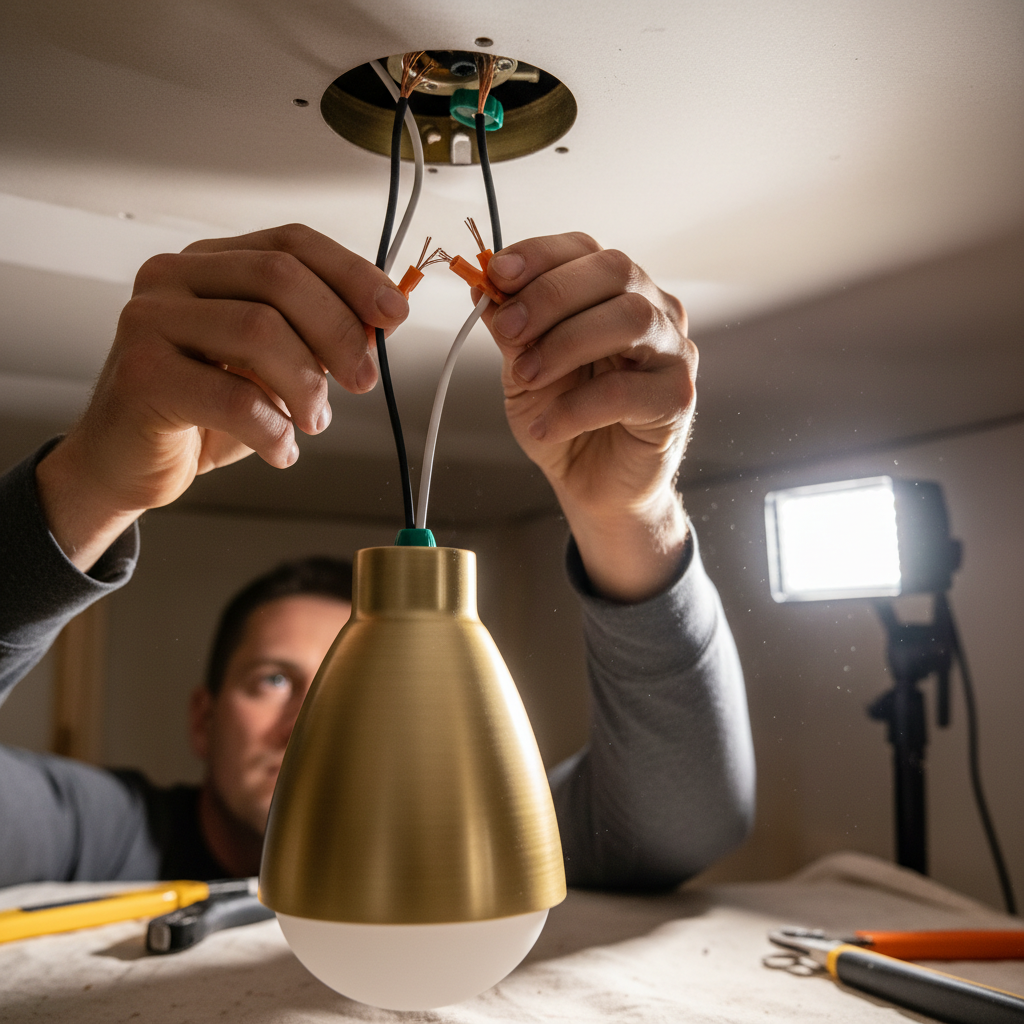 Person installing a pendant light fixture, connecting color-coded wires with wire nuts, screwdriver in hand