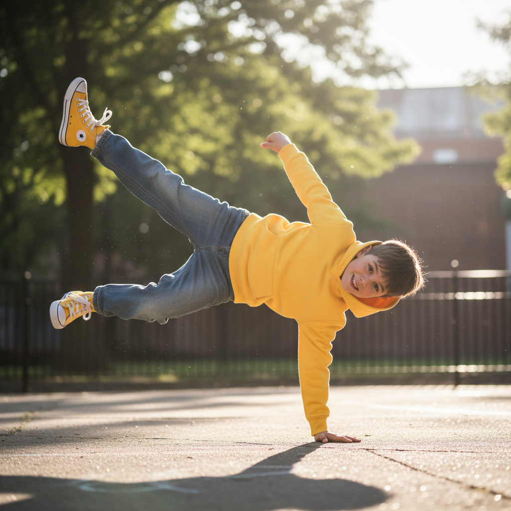 Child in yellow sneakers doing a freeze move