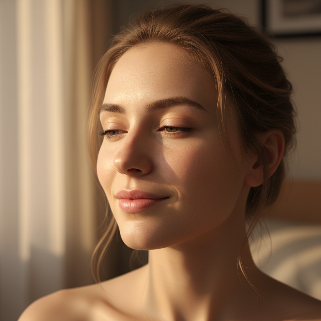 Person in peaceful morning light, soft warm sunrise, gentle atmospheric glow