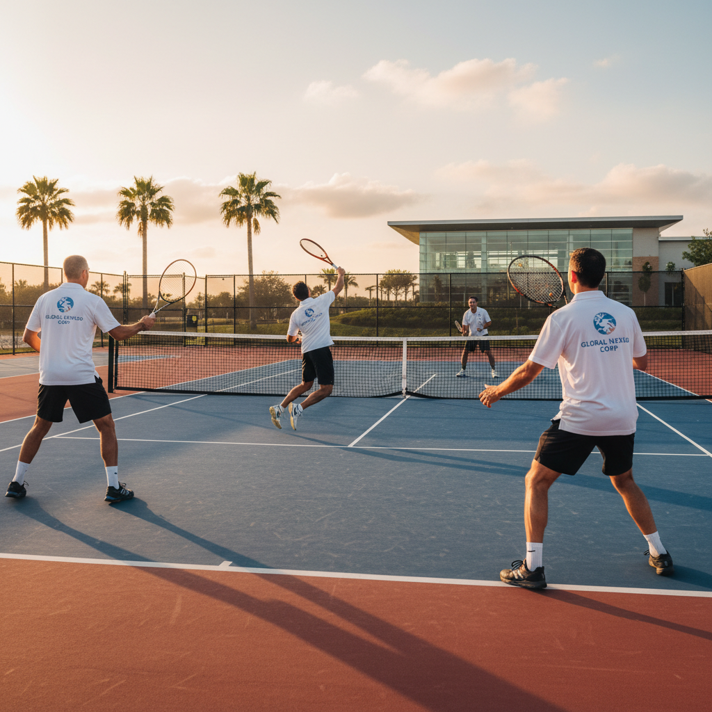 Corporate tennis event with players in branded polo shirts on outdoor hard court at sunset